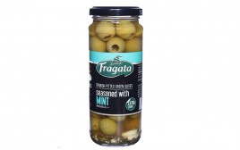 Fragata Spanish Pitted Green Olives, Seasoned with Mint  Glass Jar  330 grams